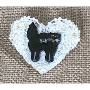 Vintage Handmade Lace Heart Black Cat Brooch Pin Kitty Whimsigoth Witch Core